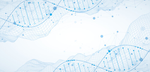 Wall Mural - abstract image of dna molecule on wireframe wave. scientific vector background.