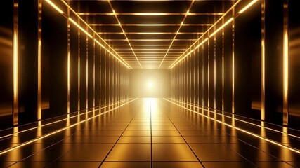 Golden hallway with a bright glowing end, metallic tunnel illuminated with linear lights, tile pattern floor reflections, perspective effect