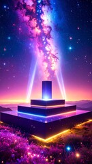 Wall Mural - Neon Platform Under a Radiant Night Sky and Distant Star Formation a Fantasy Concept