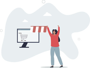 Wall Mural - Open shop online, start e-commerce store selling product online, build website create virtual store in the internet concept.life and employment of people.