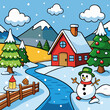 © Shofikul islam - Early Winter Landscape Illustration | Snowy House, Snowman, Pine Trees and Mountains.