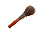 Close-up of a makeup brush with a fluffy, round head and a wooden-toned handle.  The brush bristles appear dark brown