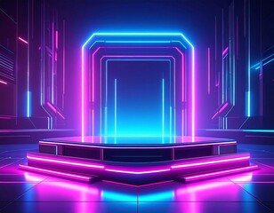 Wall Mural - Abstract Geometric Neon Portal with Blue and Pink Lights in a Dark Futuristic Cyberpunk Stage