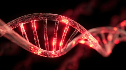 Abstract DNA strand, double helix structure with red illumination, genetic engineering, science and medicine concept