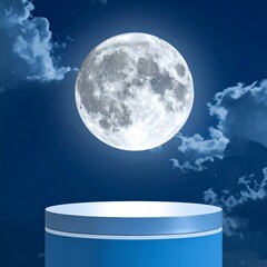 Wall Mural - Full Moon Shining in Dark Blue Sky Above Cylinder Podium for Presentation