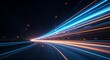 © setopratama - Dynamic neon light trails in blue and orange creating a sense of speed and motion on a dark road. Futuristic abstract background design concept for technology, energy, and fast movement.