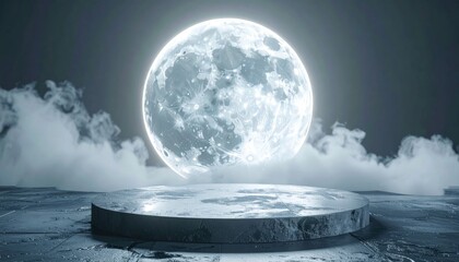 Wall Mural - Ethereal Full Moon Illuminated on a Stone Surface with Wispy Clouds in the Night