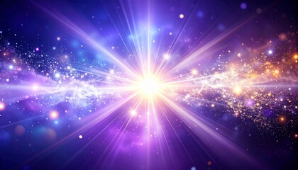 Wall Mural - Abstract Cosmic Burst with Glowing Stars in Space Background with Purple Hues and Light Rays