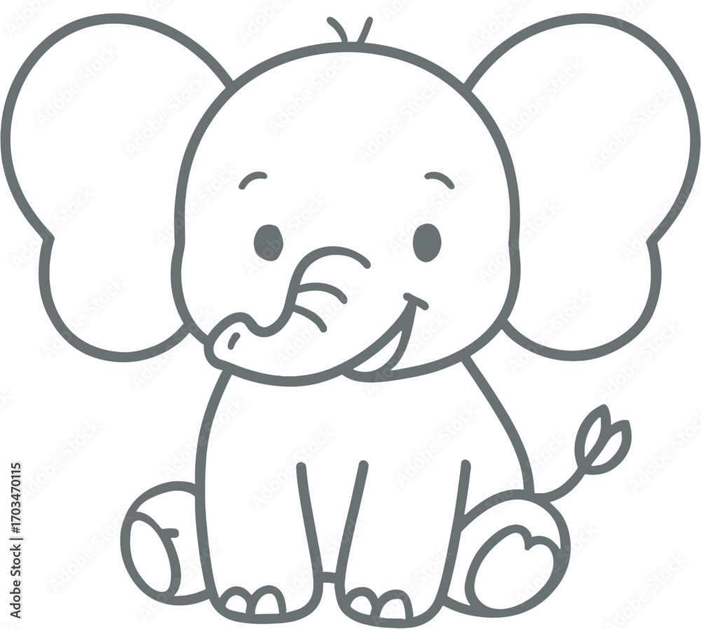 Cute Baby Elephant Outline | Cartoon Animal Line Art Clipart