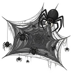 Gray Spiderweb with Multiple Black Spiders Hanging Isolated on White Background