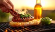 © Tumin - Hand places grilled sausage with vibrant chimichurri on bread at sunset.
