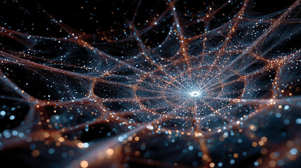 Wall Mural - celestial spiderweb: a captivating artistic portrayal of a spiderweb illuminated with luminous parti