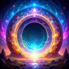 Wall Mural - Fantasy Cosmic Portal with Glowing Lights Against Starry Skies and a Tranquil Open Field