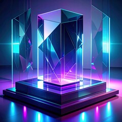 Abstract Neon Glass Cube Sculpture on Platform with Vibrant Lighting