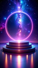 Wall Mural - Neon Circle Portal to Galaxy Stage with Starry Night Sky and Purple Blue Glow