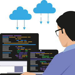 Young developer with glasses is coding using cloud data on two monitors