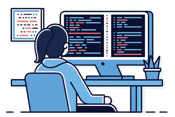 Woman viewing code on the computer monitor while sitting at her desk inside