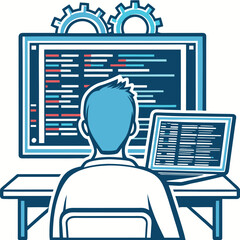 Person sits at desk with computer monitor and laptop showing coding lines