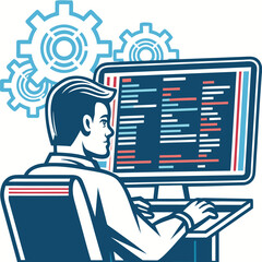 Man coding at computer with rotating gears in background is diligently programming
