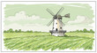 © Kanchana - Artistic drawing of a traditional windmill in a scenic green field