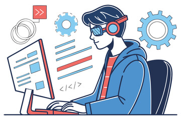 Man with headset codes on computer, illustrated with gears and floating data elements