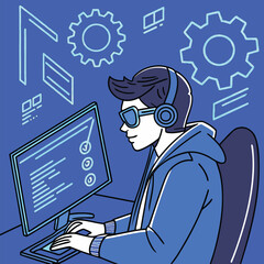 Focused programmer wearing headphones works on a computer with abstract elements in background