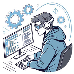 Focused young programmer types on a computer, wearing headphones and futuristic glasses