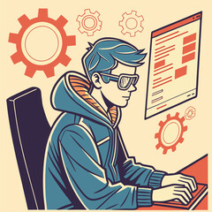 Fairskinned coder wearing sunglasses and a hoodie enthusiastically types at his computer intently