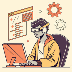 Young man with VR glasses typing on computer, surrounding gears and layout present