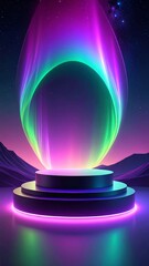 Wall Mural - Abstract Glowing Neon Light Beam on Podium with Starry Sky and Mountain Background