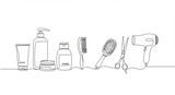 Hair care products and tools in minimalist line art style