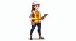 © Nurlinda - A confident and professional female construction worker. She wears a white helmet, an orange vest, a blue shirt, and jeans, and holds a clipboard.