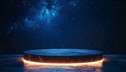 Wall Mural - Illuminated Black Circular Platform Under a Starry Sky in Dark Backdrop for Product Showcase Presentation