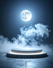 Wall Mural - Full Moon Over Concrete Platform with Wispy Clouds in Nighttime Space Scene