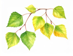 Watercolor Illustration of Birch Tree Branch with Green and Yellow Leaves on White