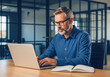 © InfinityVisuals - Focused Professional Engaged in Digital Work: A seasoned professional, illuminated by the soft glow of a laptop screen, navigates the digital world with expertise and calm.