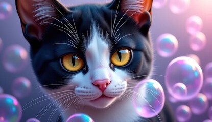  Enchanting Tuxedo Cat with Golden Eyes Gazing Through a Dreamscape of Pink Bubbles