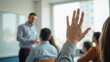 © Jari.art - Engaged student raising hand in classroom during lecture, seeking to participate and ask questions
