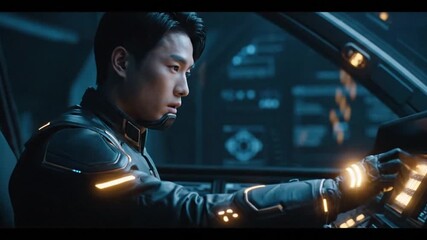 Focused young man in futuristic vehicle, operating advanced controls.