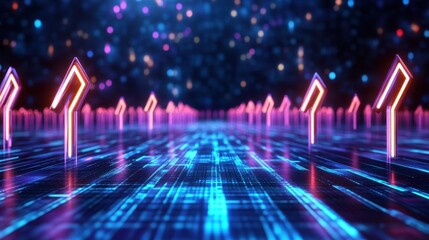 Wall Mural - Futuristic blue digital graph with glowing lines and upward arrows over a dark grid background, symbolizing growth