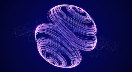 Abstract glowing purple and blue lines form a dynamic spherical shape, creating a futuristic and