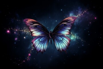 Wall Mural - A glowing cosmic butterfly flying through a star-filled sky, magical and vibrant 