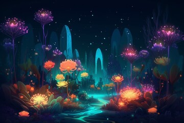 Wall Mural - A digital garden with neon flowers blooming under a bright moonlight 
