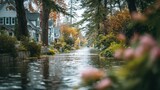 A flooded suburban street lined with houses trees and autumnal foliage reflecting the sky