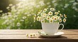 © efa - A delicate white teacup filled with daisies sits on a wooden table, bathed in sunlight, with a field of daisies out of focus behind it