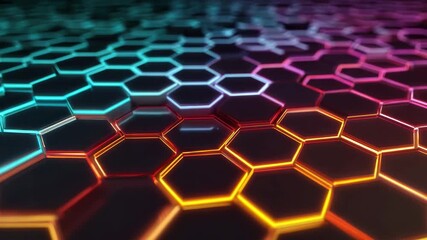 Wall Mural - hexagon pattern with neon glowing lights in blue purple orange colors creating futuristic vibrant di