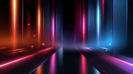 Wall Mural - Futuristic neon light corridor with glowing vertical lines and vibrant colorful reflections dark floor creating dynamic immersive atmosphere with vibrant glowing neon lights blue pink orange colors