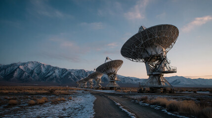 Radio telescopes in snowy mountains at sunset a beautiful view of space exploration technology