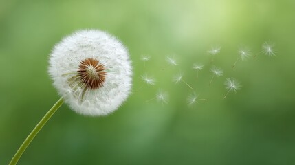 Close-up Image of a Delicate Dandelion Seed Head with Focusing Seeds Gently Blowing Away in a Soft Green Background