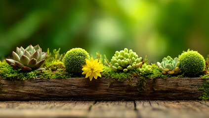 A collection of succulents and moss arranged in a wooden planter